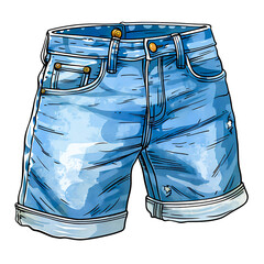 Wall Mural - Trendy blue denim shorts with a worn-out look isolated on transparency PNG background, stylishly rolled cuffs, and brass buttons, perfect for casual summer fashion.