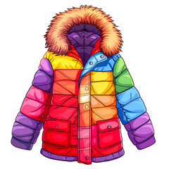 Colorful rainbow winter jacket with fur hood isolated on transparency PNG background, perfect for cold weather and making a vibrant fashion statement. Bright and cozy attire.