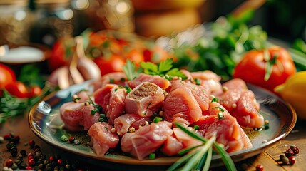 Wall Mural - pieces of meat on a plate rabbit. Selective focus.