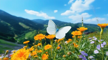 Wall Mural - A Cabbage White butterfly flitting amongst a riot of colorful wildflowers, with a backdrop of rolling green hills under a clear sky.