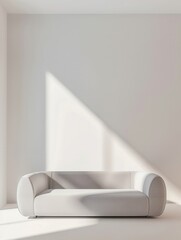 Poster - A white sofa sits in a bright, minimalist room with a single, angled beam of light illuminating the space. Generative AI