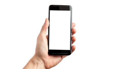 Mobile smart phone with blank screen held in hand against white background