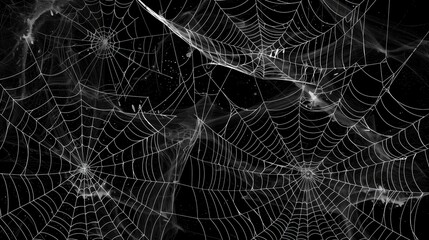 A Halloween background showing a cluster of spiderwebs over black background