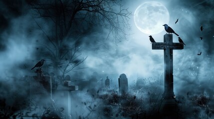 A Halloween background showing an old graveyard covered by white fog with a full moon in the background