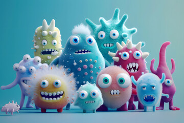 Wall Mural - A group of cute, animated bacteria characters standing together on an isolated blue background