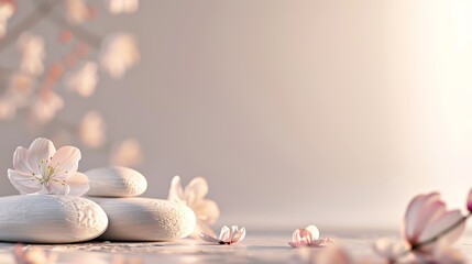 spa still life with stones, orchid flower and petals on bokeh background