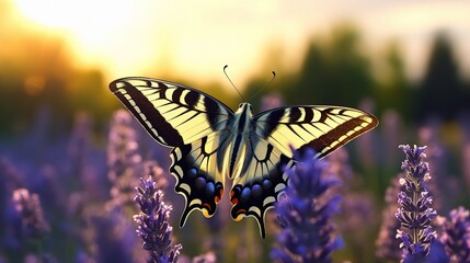 Wall Mural - A Scarce Swallowtail butterfly, its elegant wings patterned with black and cream, fluttering around a sunlit lavender field in the countryside.