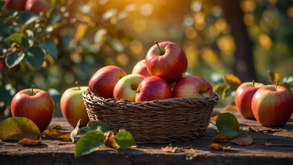 Red and yellow apples in a woven wicker basket with an autumn apple orchard background