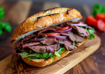 Wall Mural - Roast beef fresh sandwich with salad and tomatoes on cafe table suitable for lunch.AI Generative.