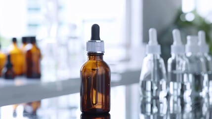 Wall Mural - glycolic acid solution in dark glass bottle for skincare research in chemistry lab