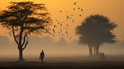 Canvas Print - silhouette of a person walking on the beach at sunset