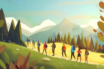 Wall Mural - Group of People Hiking Up a Mountain Trail with Backpacks