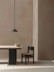 Fototapete - A single chair sits beside a rectangular table with a black pendant light hanging from the ceiling. Generative AI