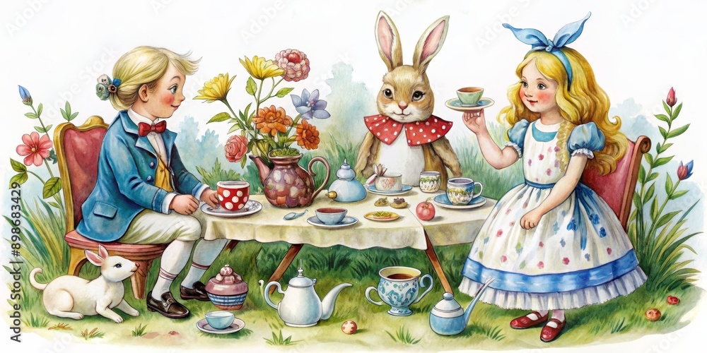 Alice, White Rabbit, and Friends Enjoy Tea Time in the Garden ...