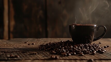 Wall Mural - Coffee beans on wooden table beside dark steaming cup