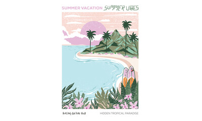 Wall Mural - Hidden beach paradise. Sunshine paradise graphic print design. Enjoy beach life. Summer vibes artwork. Surf club design. Beach wave artwork. Mountain with beach modern abstract art.