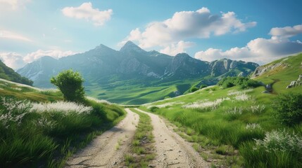 Canvas Print - A winding dirt road cuts through a picturesque green valley, ideal for outdoor activities or scenic drives