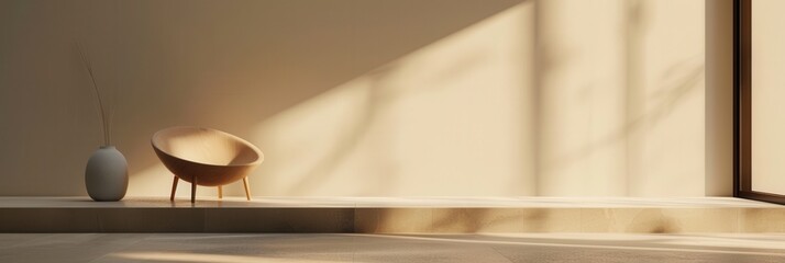 Poster - A wooden chair and ceramic vase sit on a low platform in a minimalist interior space, bathed in warm sunlight streaming through a window. Generative AI