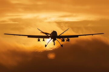 Poster - A plane flies in the sky as the sun sets behind, creating a beautiful orange glow