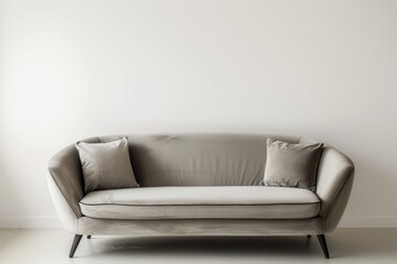 A modern grey velvet sofa with two cushions sits in a minimalist living room with a white wall behind it. Generative AI