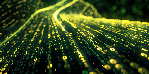 Curved pathway of binary code in yellow and green hues, symbolizing digital data flow and technology