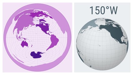 Wall Mural - World Map Animation. Azimuthal equidistant projection. Colored continents style. Animated world map in Azimuthal Equidistant projection. Loopable animation showing longitude shift and matching globe.