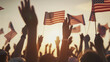 © Bonsales - Patriotic crowd waving American flags, celebrating national pride, unity, freedom, festivities, sunset backdrop, patriotism concept