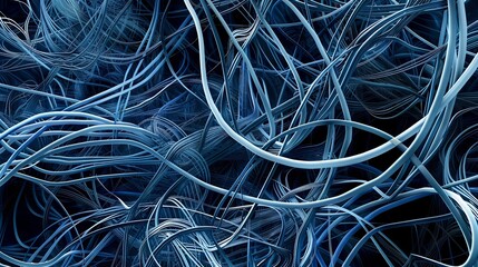 Complex network of intricate blue cables interweaving, suggesting data flow and technological connectivity