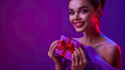 Wall Mural - A girl in a purple dress is holding a gift wrapped in elegant paper, her face glowing with excitement.