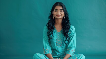 A lovely Indian girl in a turquoise dress is sitting cross-legged with a content smile, her hair styled in loose waves. The cool turquoise background enhances her serene and graceful presence