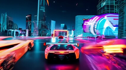 Wall Mural - Street racing in the night city with neon lights and cyberpunk style