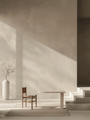Poster - A single wooden chair and table sit in a minimalist interior with sunlight streaming through a window, illuminating the room with a warm glow. Generative AI