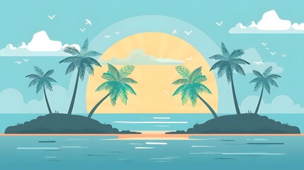 Wall Mural - Tropical Sunset Beach Illustration With Palm Trees And Sun