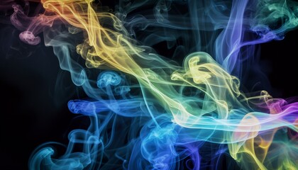 shadowy background with undulating smoke, dazzling beams of light in varying intensities, colorful h