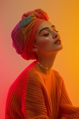 Woman with turban with orange vibrant background 