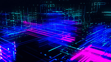 Wall Mural - Data flow information. Digital communication concept. Blue futuristic flow. Abstract futuristic sci-fi background with particle and line mesh. Connection and connectivity concept. 3D rendering.