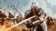 © JP STUDIO LAB - A fierce knight charges into battle, sword in hand, amidst the chaos of a dramatic medieval conflict.