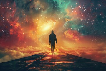 Wall Mural - a person standing on a road amidst stars and planets