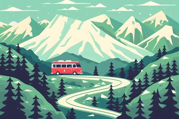 Wall Mural - Mountain Road Trip in Vintage Bus Illustration