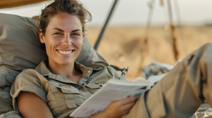 A relaxed woman dressed in casual outdoor attire reads a book while reclining on a comfortable chair at a sunlit camp site, appearing content and at peace.