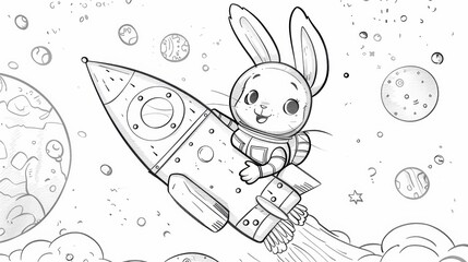 A Rabbit Astronaut Riding a Rocket Through Space. Coloring book line art design vector illustration.