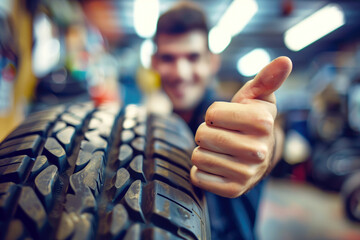 Mechanic showing thumbs up with tire in foreground inside automotive workshop. Car maintenance, auto repair, vehicle servicing, mechanic workshop, customer satisfaction, automotive industry.