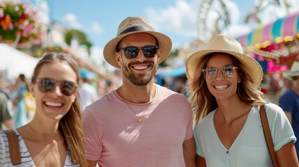 A group of friends smiling and enjoying a bright sunny day at an outdoor festival, capturing the vibrant and joyful atmosphere with colorful decorations and a lively crowd.