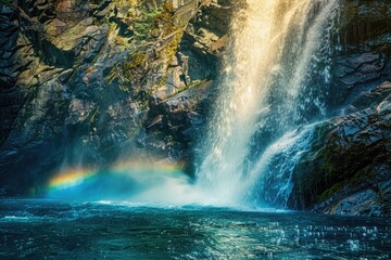 Wall Mural - A picturesque waterfall scene featuring a vibrant rainbow in the middle