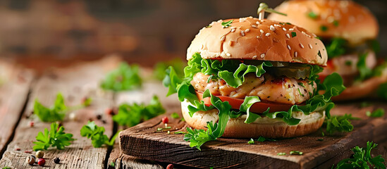 Wall Mural - Grilled tuna burger with lettuce and mayonnaise on wooden table, accompanied by copy space image.