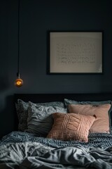 Wall Mural - Dark bedroom interior with bed and pillows.