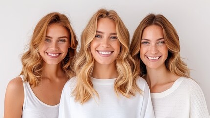 A trio of women with blonde, wavy hair and bright smiles dressed in casual outfits, exuding happiness and natural charm while posing together in a harmonious setting.