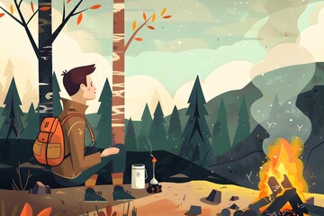 Canvas Print - Camping Man in Forest with a Fire Illustration