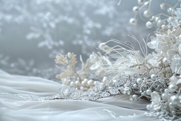 Sticker - A close-up shot of a beautiful wedding dress adorned with pearls and flowers, perfect for editorial or commercial use