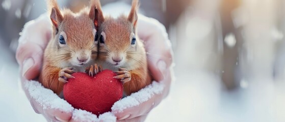  A person holds two squirrels, each cradling a red heart, in a wintry scene blanketed by snow